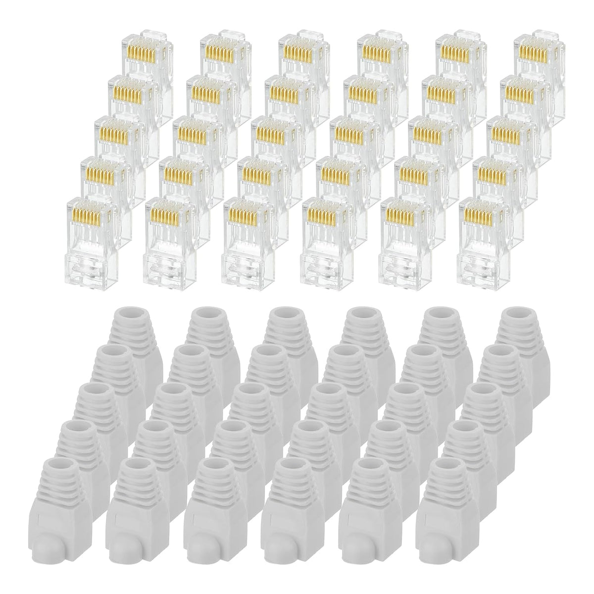 MECCANIXITY 60pcs Cat6 RJ45 Pass Through Connectors, RJ45 Connector 8P8C Gold Plated Plugs with 60pcs Light Grey Strain Relief Boots for Solid or Stranded UTP Ethernet Cable, 1.1mm