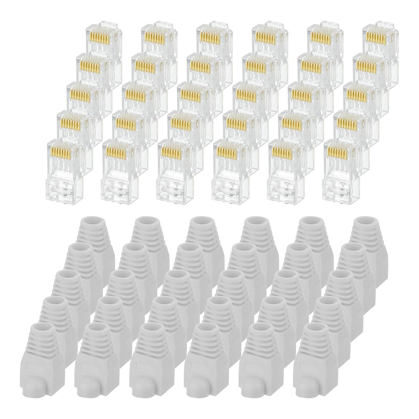 MECCANIXITY 30pcs Cat6 RJ45 Pass Through Connectors, RJ45 Connector 8P8C Gold Plated Plugs with 30pcs Light Grey Strain Relief Boots for Solid or Stranded UTP Ethernet Cable, 1.1mm