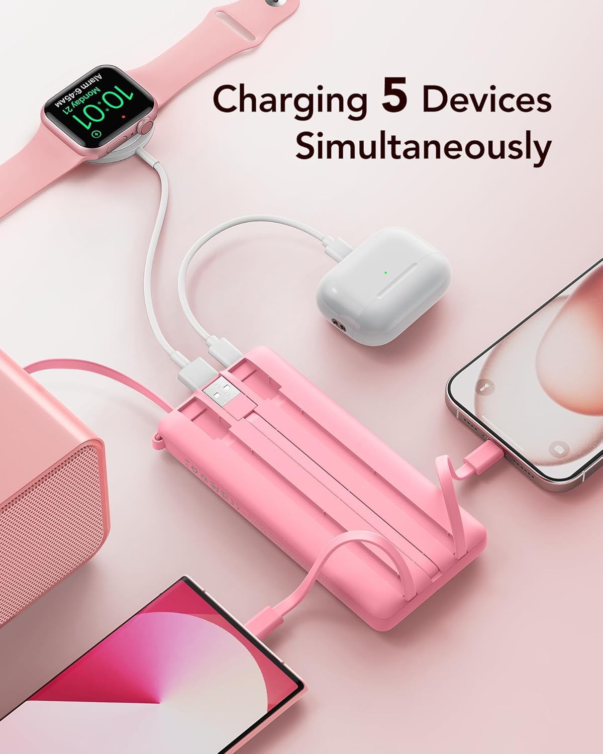 VRURC Portable Charger Power Bank, 10000mAh Travel Essentials Battery Pack, 5 Outputs 2 Inputs Slim Charging Bank Built-in Cables Cords Wires Compatible with iPhone,Samsung,Android-Barbie Pink(1 Pack)