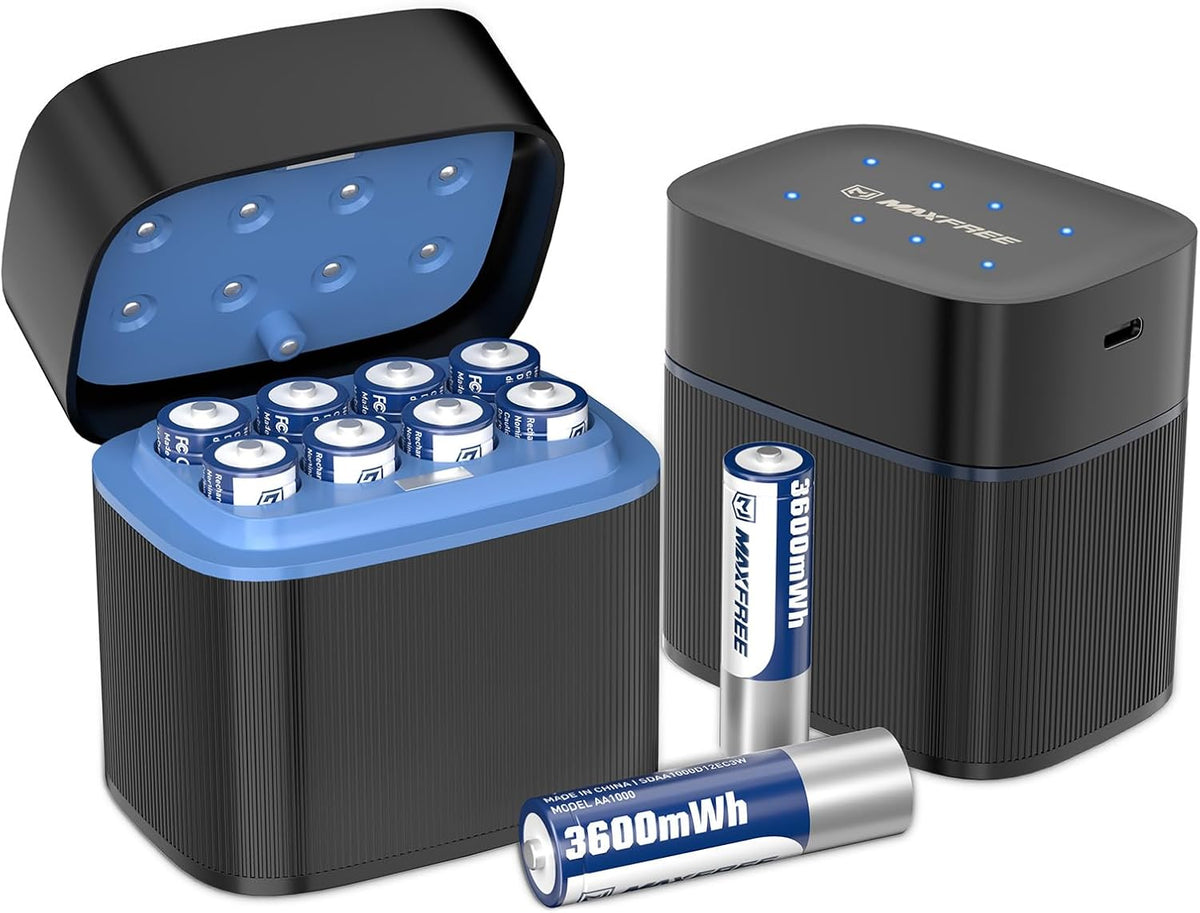 Maxfree Rechargeable AA Batteries Lithium with Charger, 8-Pack 1.5V 3600mWh Double A Batteries with LED Display, Dual-Purpose Charger for AA Lithium & NiMH – Fast Charging for Cameras, Toys, Remotes