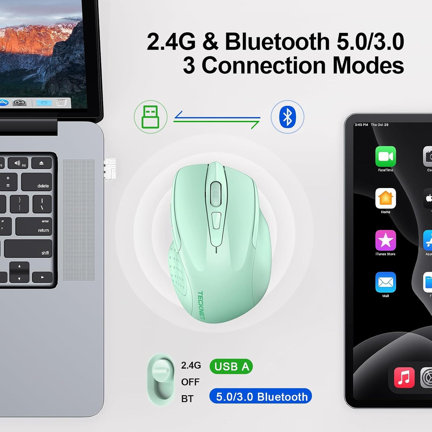 TECKNET Wireless Mouse (BT5.0/3.0 & 2.4G) Rechargeable 4800 DPI Silent USB A & Bluetooth Mouse 6 Buttons, Wide Compatibility - Green