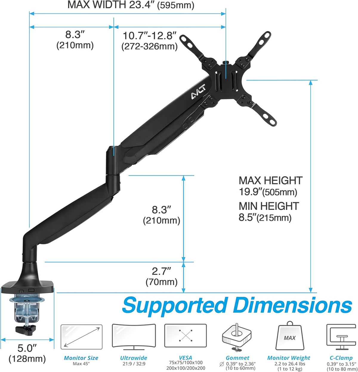 AVLT Single 17"-45" Monitor Arm Desk Mount Premium Mechanical Spring fits One Flat/Curved/Ultrawide Monitor Full Motion Height Swivel Tilt Rotation Adjustable, Black