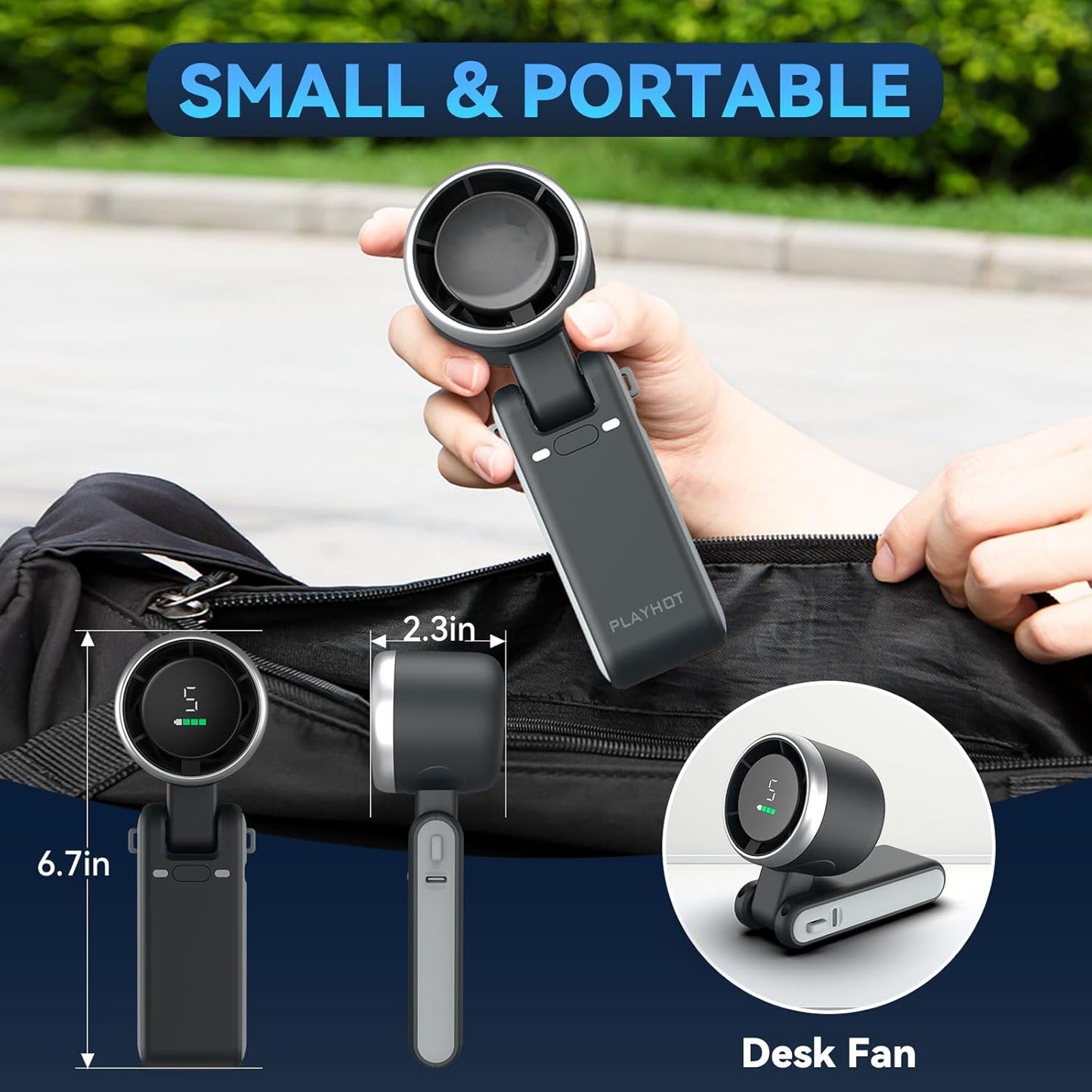 Portable Handheld Turbo Fan, 5 Gear Wind, Battery Operated, Up to 12 Working Hours, 3 IN 1 Hand Fans with Air Turbo Tech Cooling Fan for Outdoor Activities, Travel, Beach (Black)