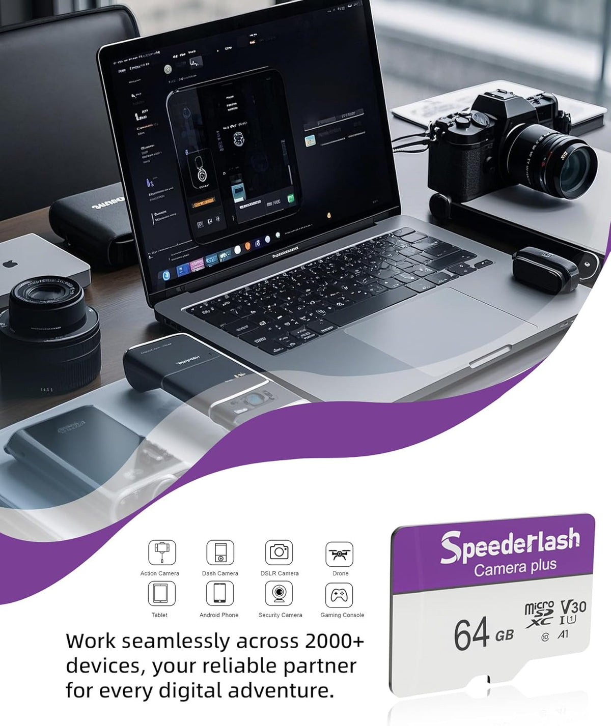 Micro SDXC Memory Card 64GB 5 Pack, Speederlash Camera Plus TF Card with Adapter, 90MB/s Read Speed, 4K UHD&5K Video Support, U1 V30 A1 Rated, for Security Camera, Smartphone, Drone, Tablet, PC