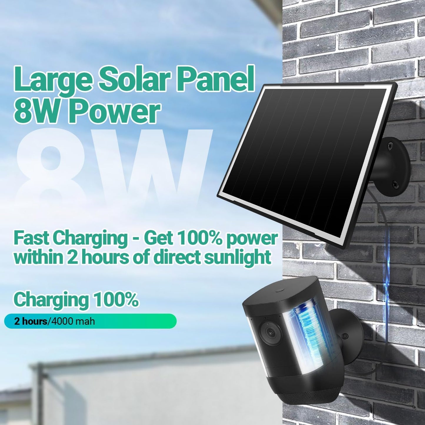 2-Pack Solar Panel Charger for Ring Camera, 8W High-Efficiency - Compatible with Ring Spotlight & Stick Up Cam Pro/Plus, 16ft Long Cable, 3.5mm to USB-C Adapter, IP65 Waterproof, Black