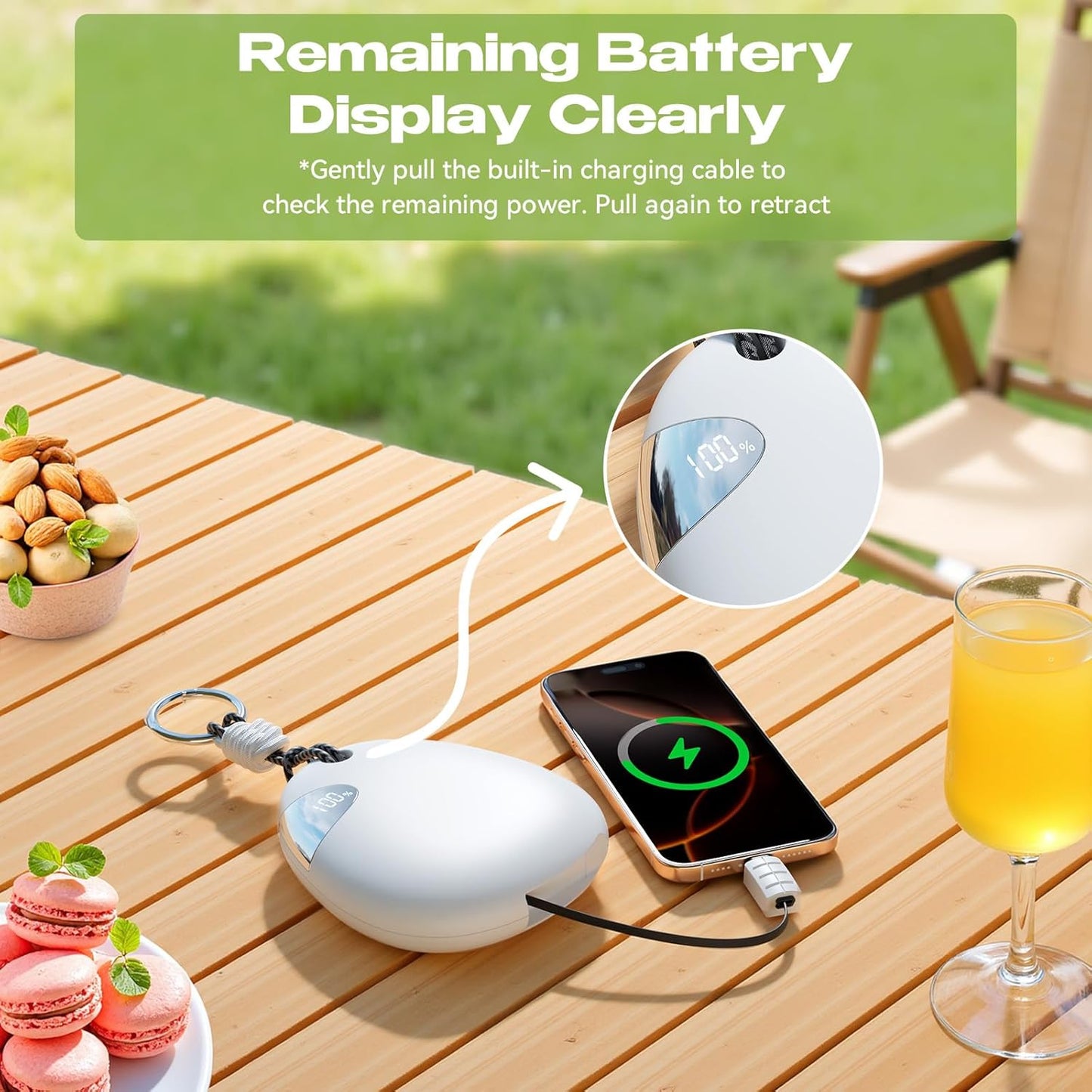 Vivilumens Portable Charger Power Bank 10000 mAh 65CM Fast-Charging Retractable Cable Outdoor Wearable Battery Pack USB-C Lightning for iPhone Smart LED Display for Hiking Camping Backpacking