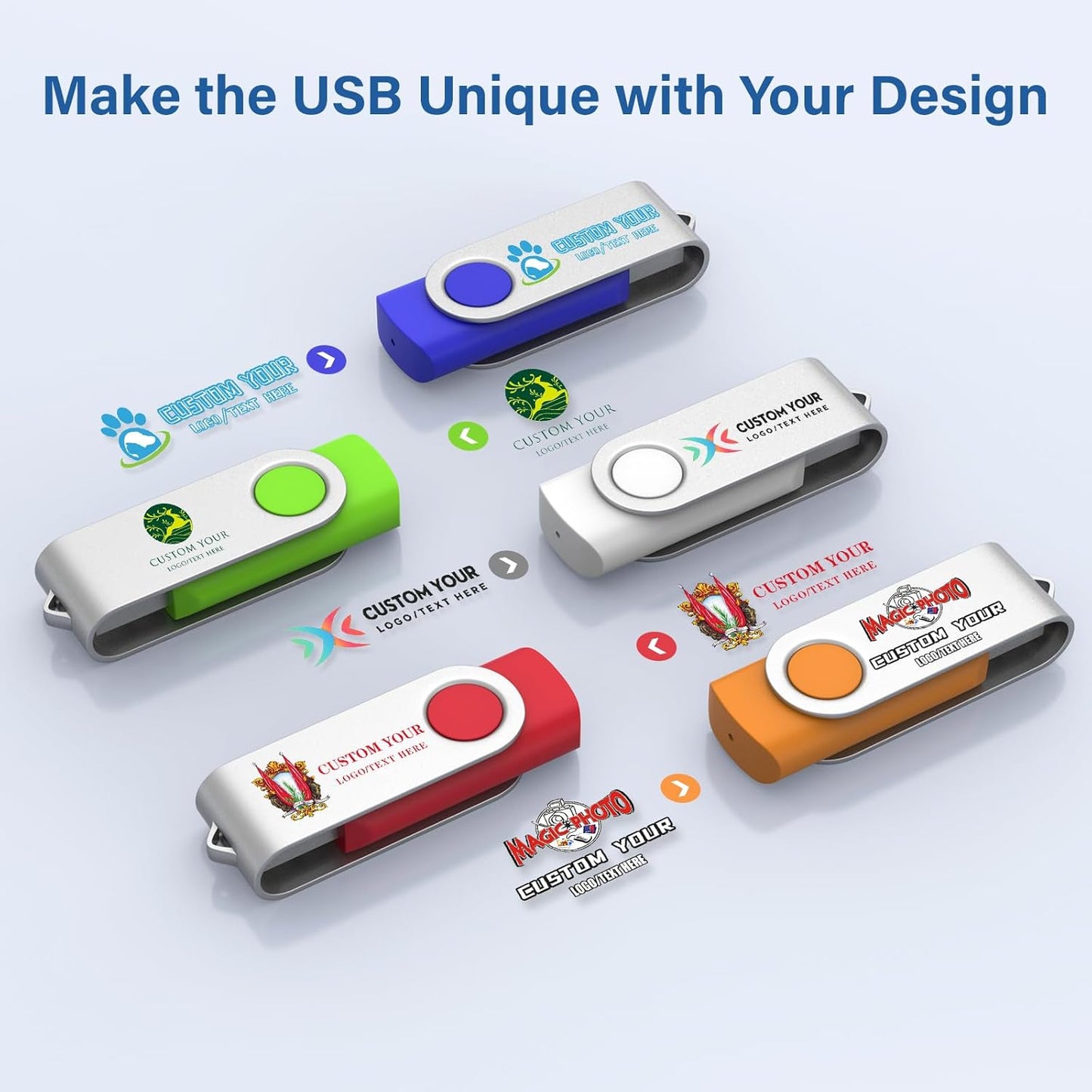 Personalized Flash Drives 256MB, Wooolken Customizable USB 2.0 Thumb Drives 10/20/50/100 Pack, Logo Memory Stick Custom Flash Drive Engraved Logo (Mixcolors)