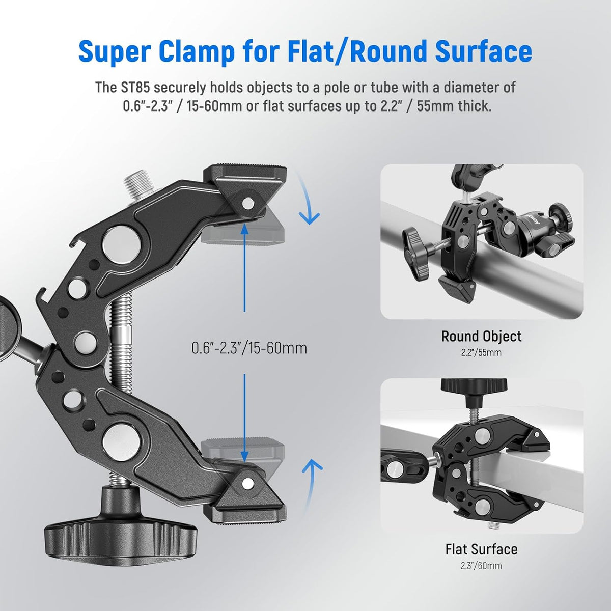 NEEWER Super Clamp with 3" Dual Ballhead Magic Arm, Ball Head Adapter, Cold Shoe, Phone Holder, Action Camera Clamp Mount for Flat/Round Surface Compatible with GoPro DJI iPhone 15 Pro Max, ST85