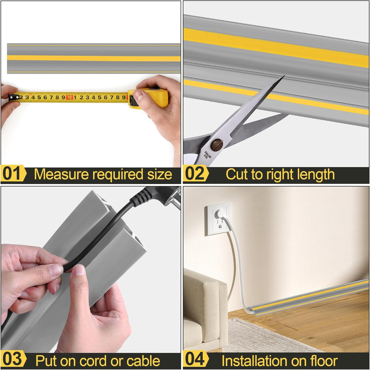 MYFAMIREA 6.5FT Floor Cord Cover Heavy Duty Cable Cover Protector 3 Channels Extension PVC Floor Wire Cover Outdoor Cord Hider Management Cord Cover for Wire on Floor for Home Office Outdoor, Grey