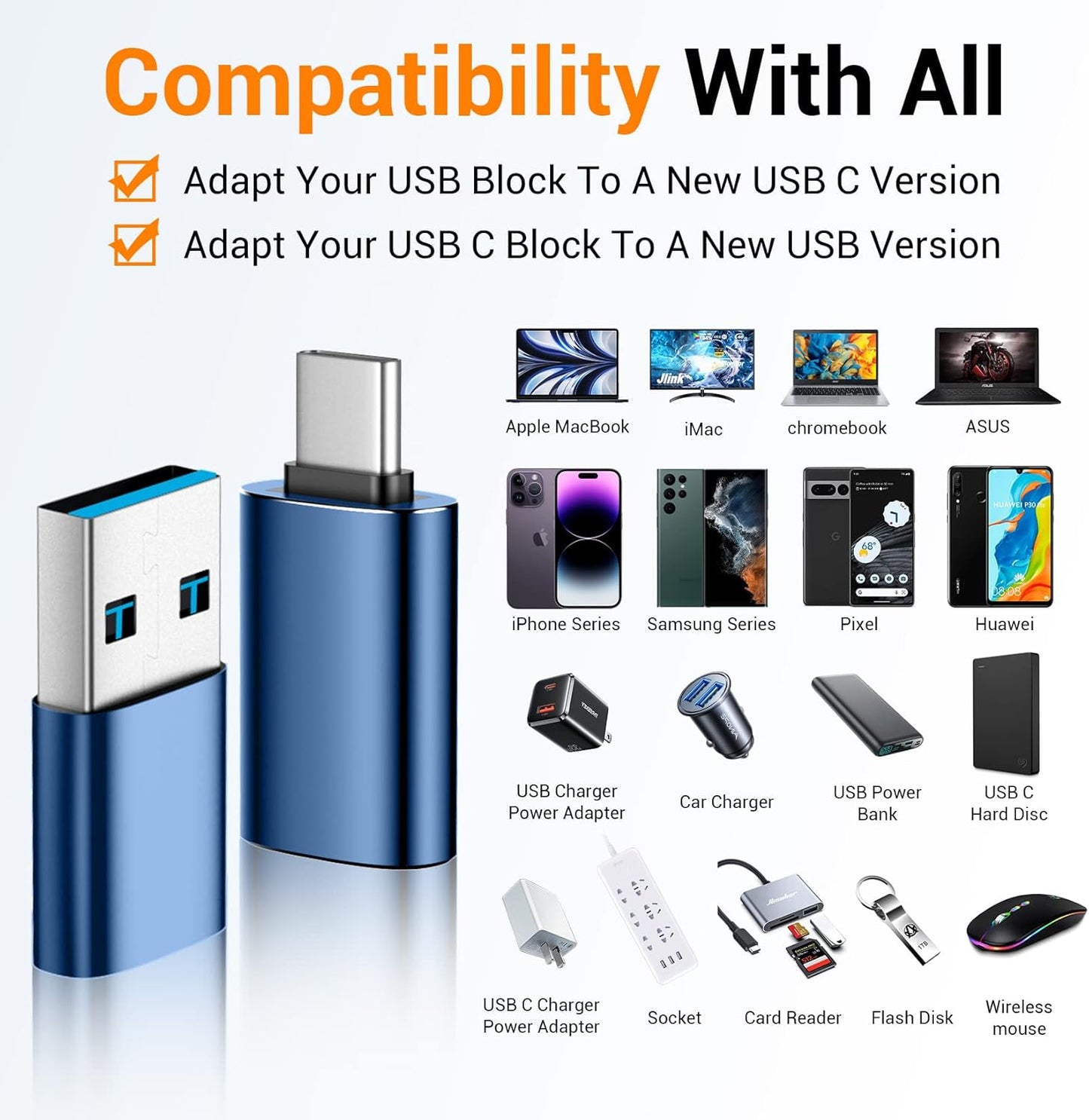 Temdan USB to USB C Adapter 4 Pack,【2*Type C Female to A Male Charger Converter】&【2*USB C Male to USB Female】 OTG Adapter for Apple Watch Ultra 8 9,iPhone 15 Pro Max 14 13 12,AirPods - Blue/Black