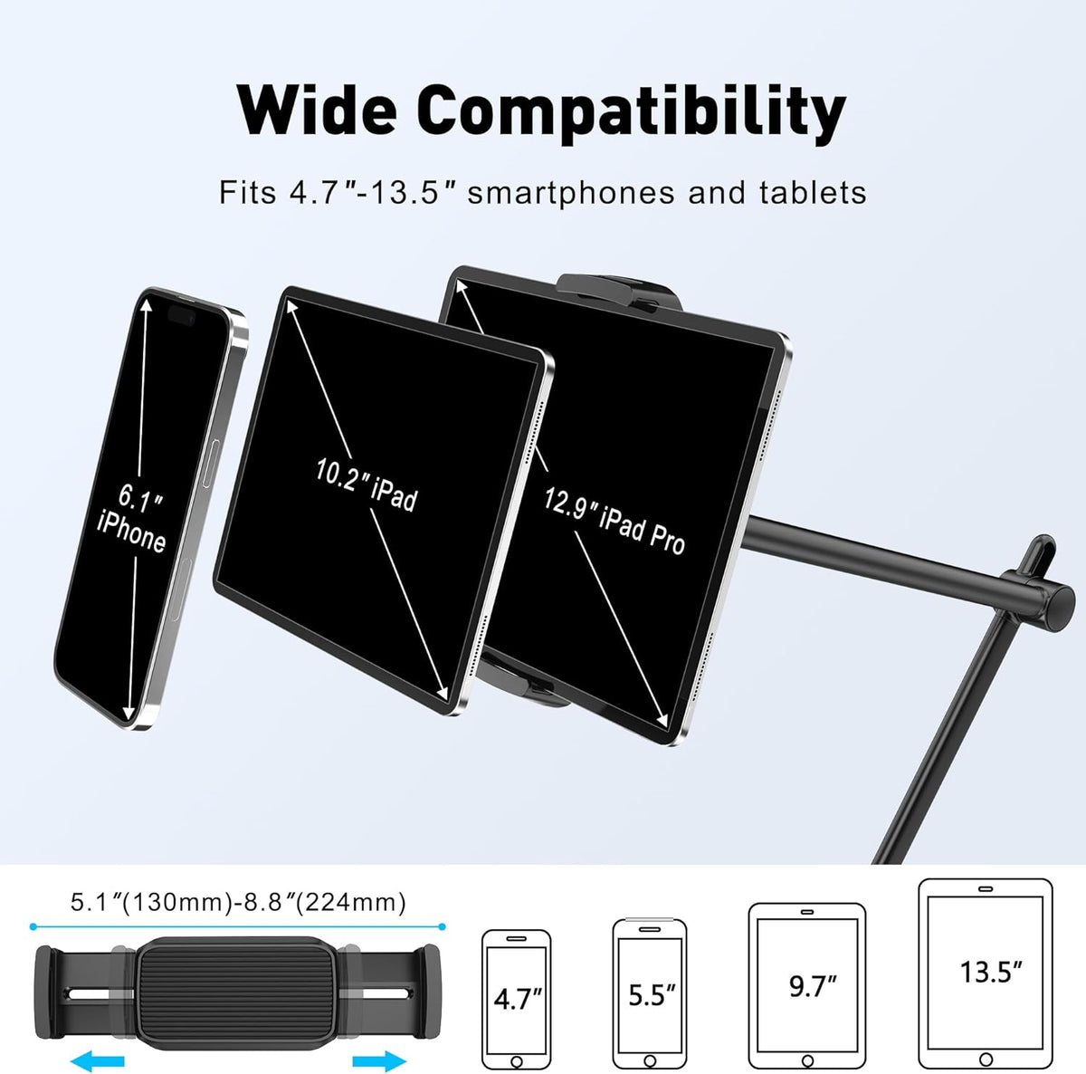 AboveTEK Tablet Stand Holder, Aluminum iPad Holder for Desk & Bed, Adjustable Arm Clamp Mount with 360° Rotation, Overhead Compatible with 4.7"-13.5" iPad Pro/Air/Mini, iPhone, Galaxy Tab- Black