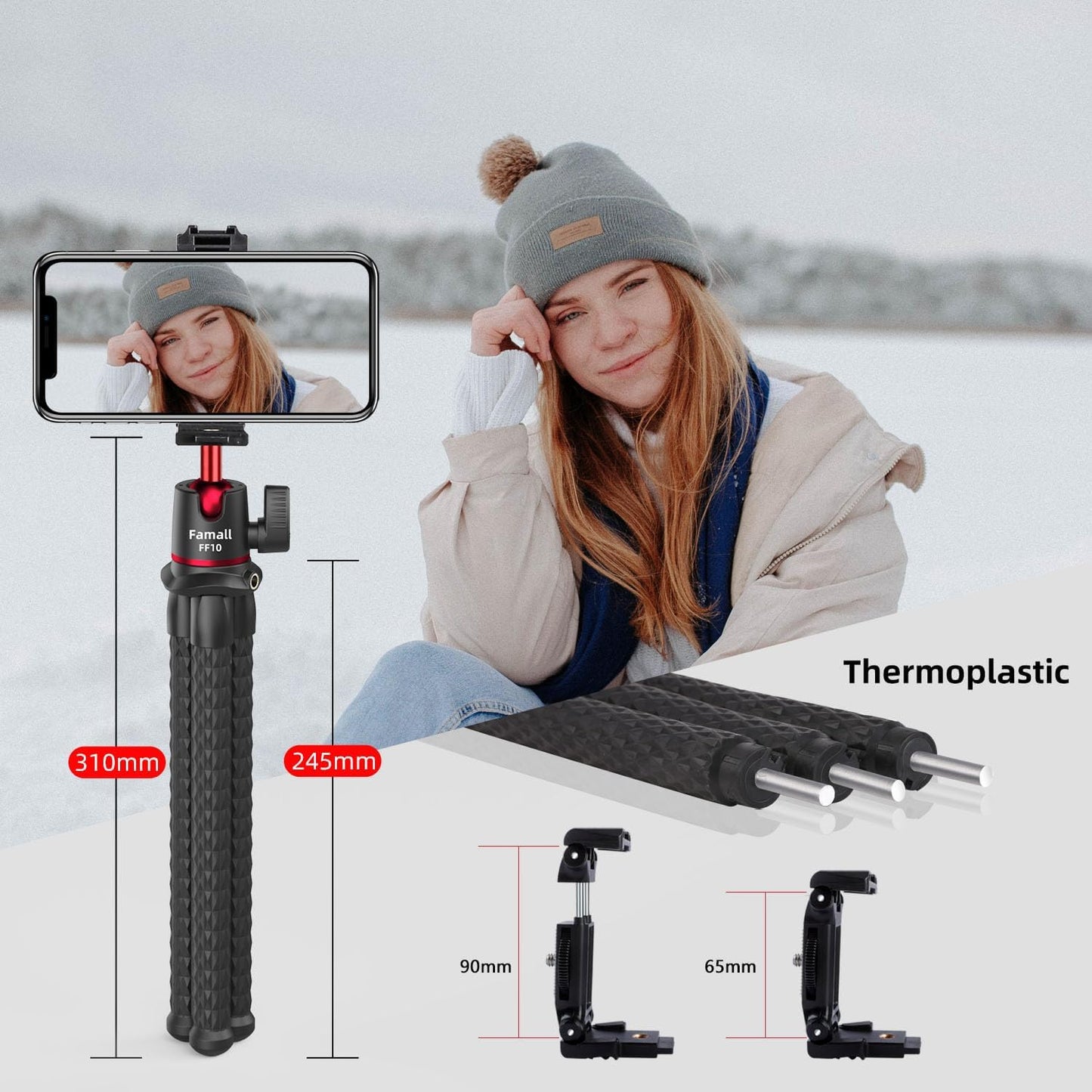 Camera Tripod, Famall Flexible Tripod Stand for Phone with Cold Shoe Phone Mount for iPhone Canon Nikon Sony Cameras
