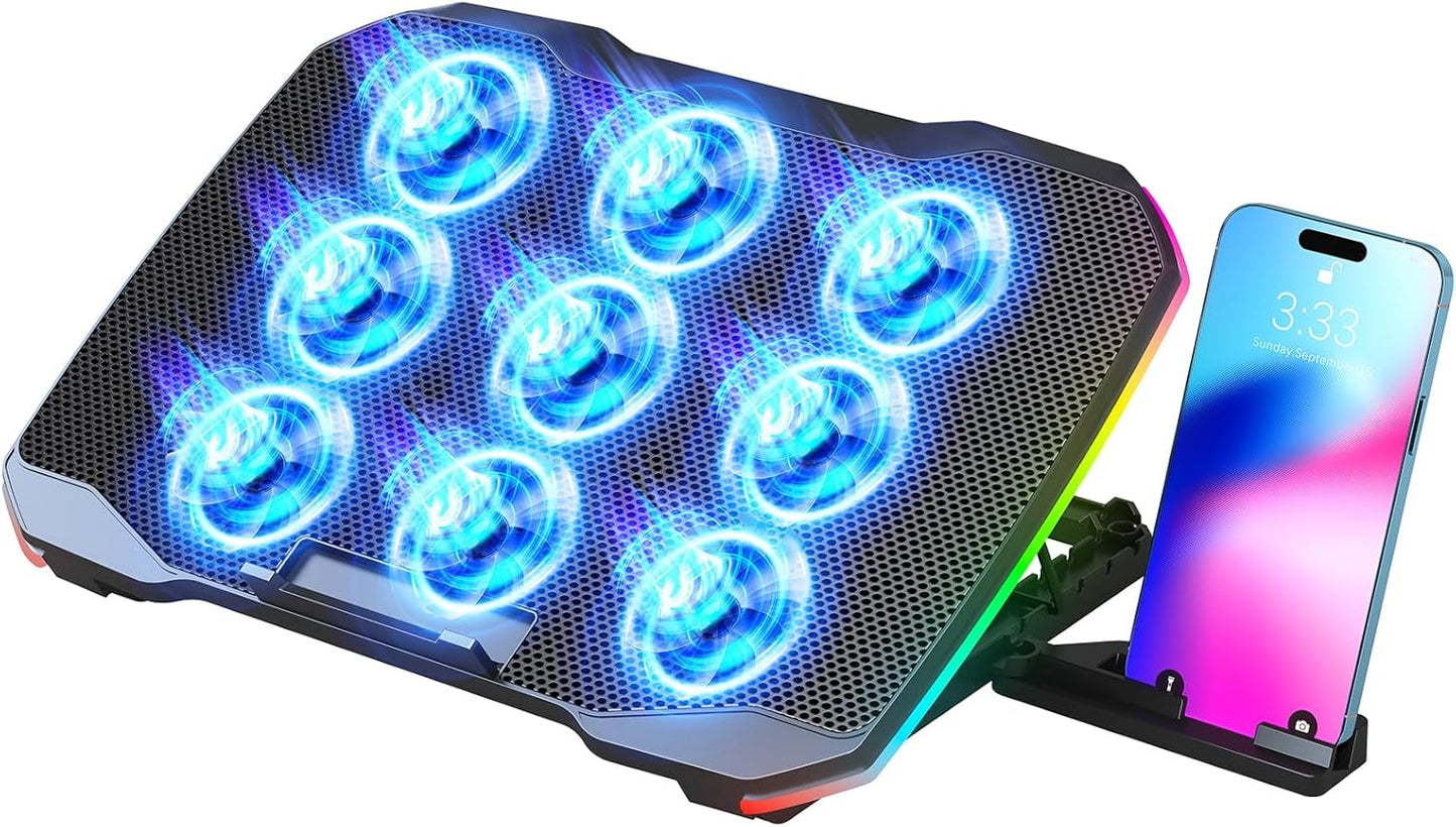 Laptop Cooling Pad, Gaming Laptop Cooler with 9 Quiet Fans, Laptop Cooling Stand for 12-17 Inch, Laptop Computer Fan with 5 Height Adjustable,2 USB Ports,1 Phone Stand