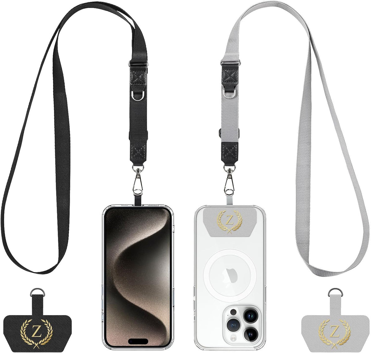 Phone Lanyard 2 Pack, Adjustable Cell Phone Multifuctional Patch Lanyards,Compatible with Most Smartphones and Wallets Keys ID Badges Travel Essentials(Black+Gray) (Lanyard Letter Sign Z)