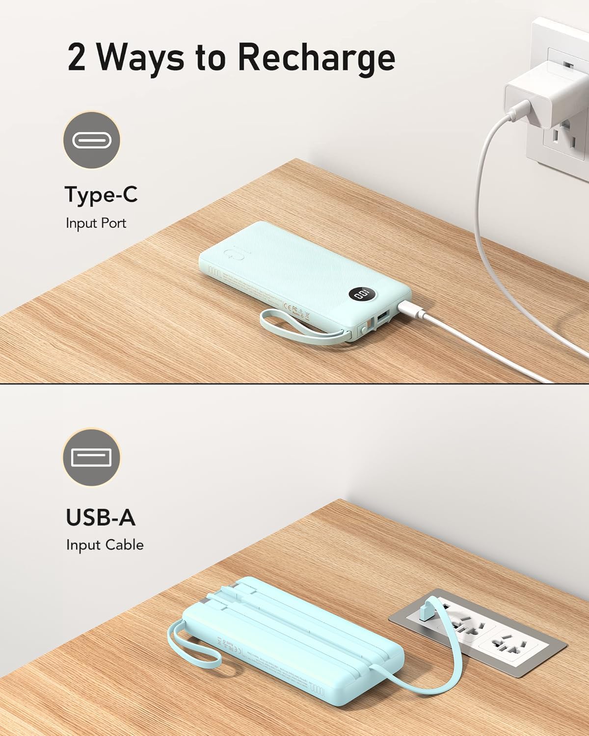 VEEKTOMX Portable Charger with Built-in Cables 10000mAh Power Bank for iPhone Slim Fast Charge USB C Battery Pack Travel Essentials Powerbank Compatible with iPhone, Samsung, Android, etc