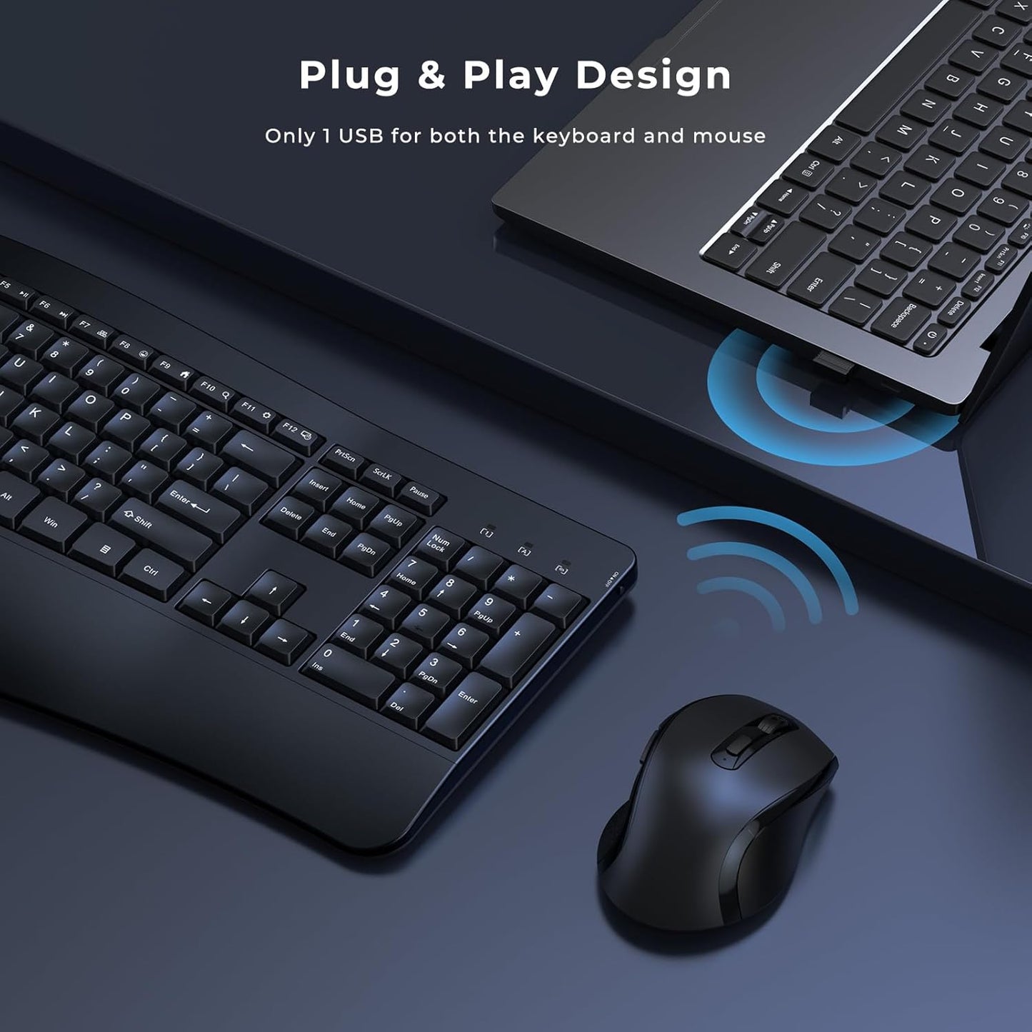 Ergonomic Keyboard and Mouse Combo - Full Size Keyboard Cordless with Palm Wrist Rest Ergonomic Mouse Wireless for Windows Computers Laptops - Black (Upgrade)