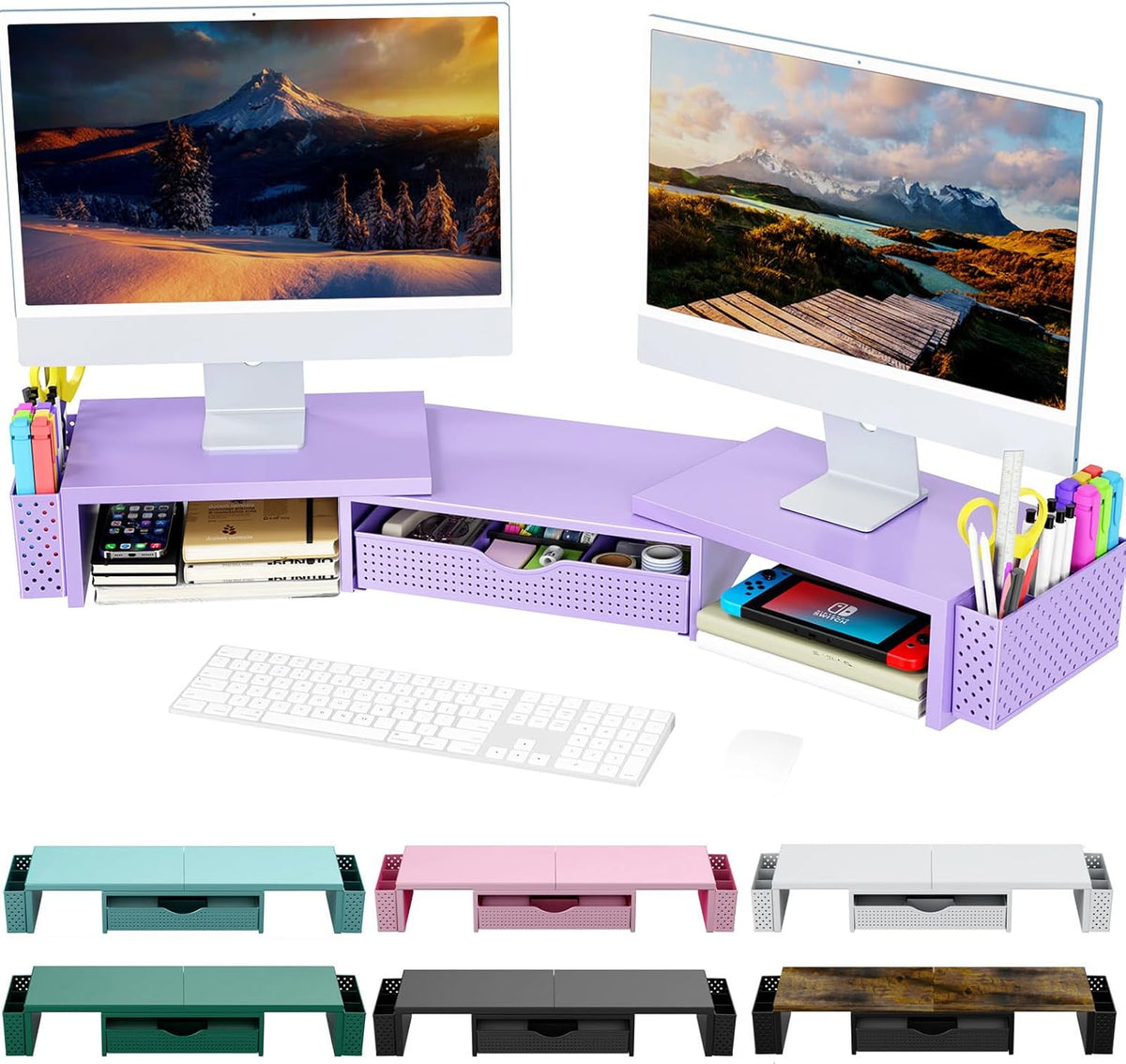 Spacrea Metal Desk Organizers and Accessories, Dual Monitor Stand Riser with Drawer and 2 Pen Holders, Desk Accessories & Workspace Desktop Organizers for Office Supplies (Purple)