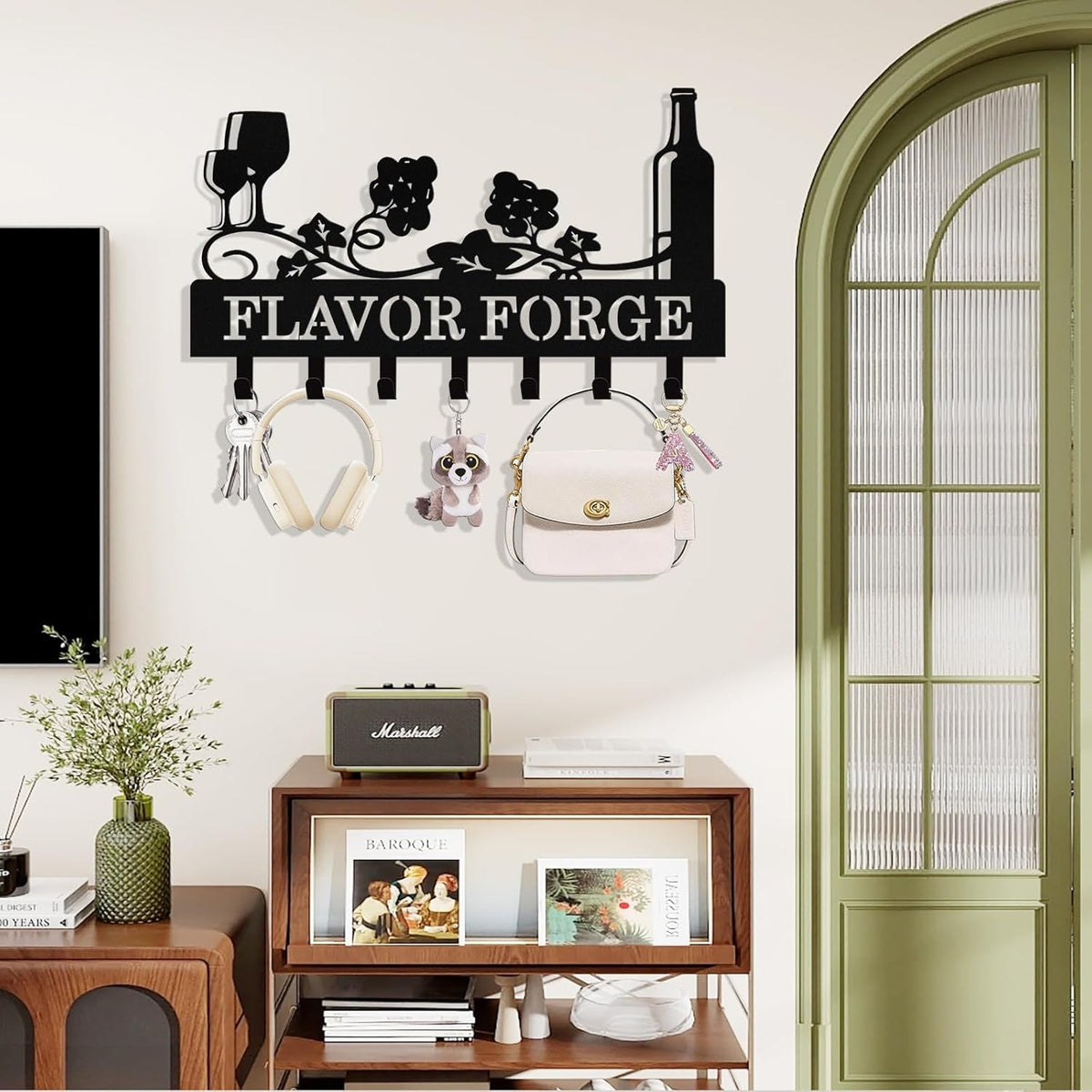 Personalized Wine Key Holder Wall Mount, Custom Metal Key Rack Key Holder with Name, Deer Cabin Wall Keys Hanger with Hooks for Entryway, Front Door, Hallway, Kitchen, Living Room