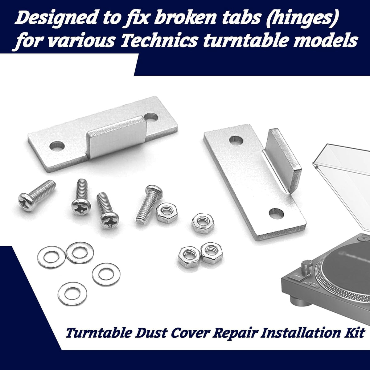 Turntable Dust Cover Hinges - Repair Tabs and Hinge Brackets for Technics SL-D2 3200 B2 Q2 D3 - Includes 2-Brackets, 4-Screws, 4-Washers, and 4-Nuts - Easy Installation for Turntable Dust Cover Repair