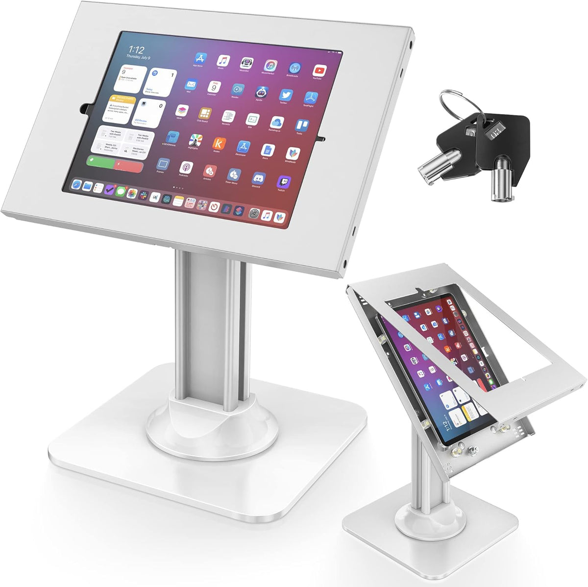 AboveTEK Anti-Theft iPad Kiosk Stand – POS iPad Security Stand & Locking Tablet Stand – Heavy Duty Base, 360° Swivel, 75° Tilt Bracket – Retail Business for iPad/iPad Air/iPad Pro (White)