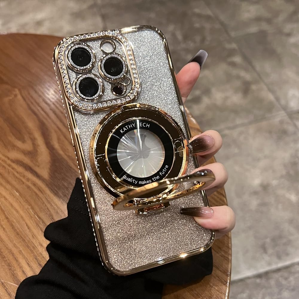 Magnetic Kickstand (Glitter Lens Protector ) Case for iPhone 15 14 13 12 Pro Max (Compatible with Magsafe ) Sparkling Diamond Cover Glitter Shiny Rhinestone Cases (Gold,for iPhone 15)