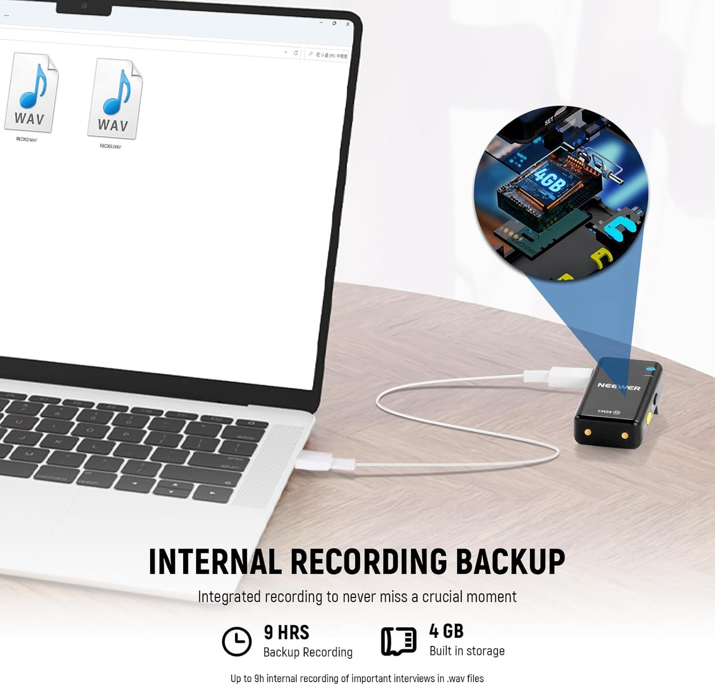NEEWER CM28 Wireless Lavalier Microphone System, 1 Click Noise Canceling, 4GB Storage for 9Hrs of 48KHz 16 Bit Uncompressed Audio, Lapel Mic Compatible with iPhone/Android/PC/Camera/iPad