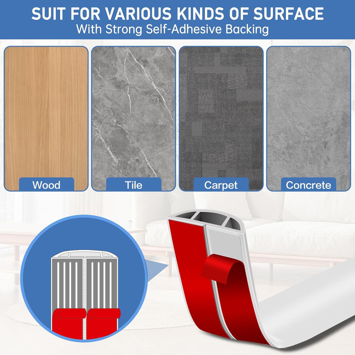 Floor Cord Cover Self Adhesive Cord Hider Floor Extension Cord Covers for Floor Power Cord Protector Cable Management Prevent Cable Trips Cable Cavity 0.51" W x 0.31" H (White, 20Ft)