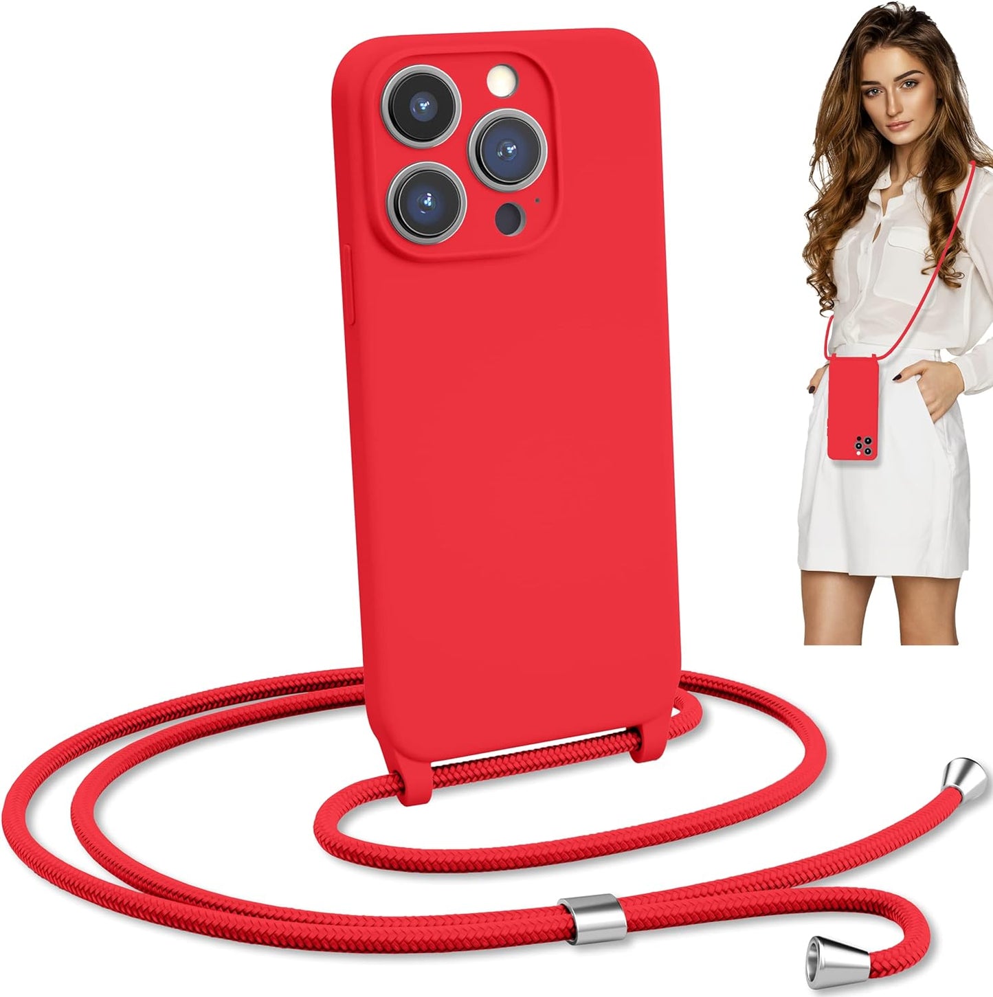Blaspins Crossbody Lanyard Strap Case for iPhone 13, Neck Cross Body, Adjustable Holder Removable, Drop Protection Shockproof, Hands-Free Silicone Case Cover 6.1 inch, 150 cm Strap, iP13 - Red
