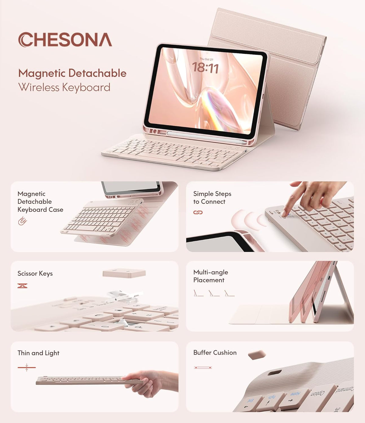 CHESONA Keyboard Case for iPad (A16) 11th/10th Generation (2025/2022), Detachable Wireless Keyboard, Stand Folio Keyboard Cover with Pencil Holder, Thin & Light (Pale Pink)
