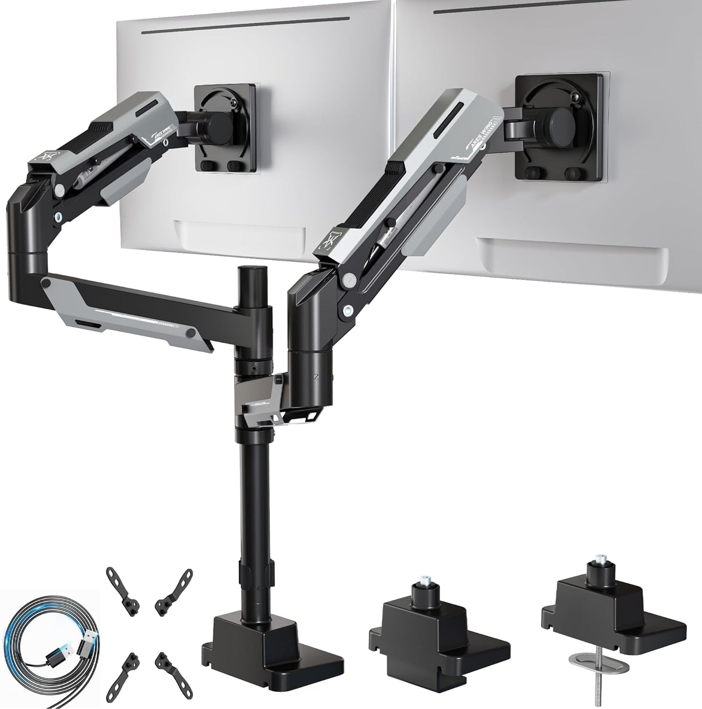 ARES WING Dual Monitor Mount, Adjustable Stacked Monitor Stand with USB A/C, Heavy Duty Gas Spring Monitor Desk Stand for 2 Monitors for 24-57 Inch Ultrawide Screen, 75/100/200 Vesa Mount, Black