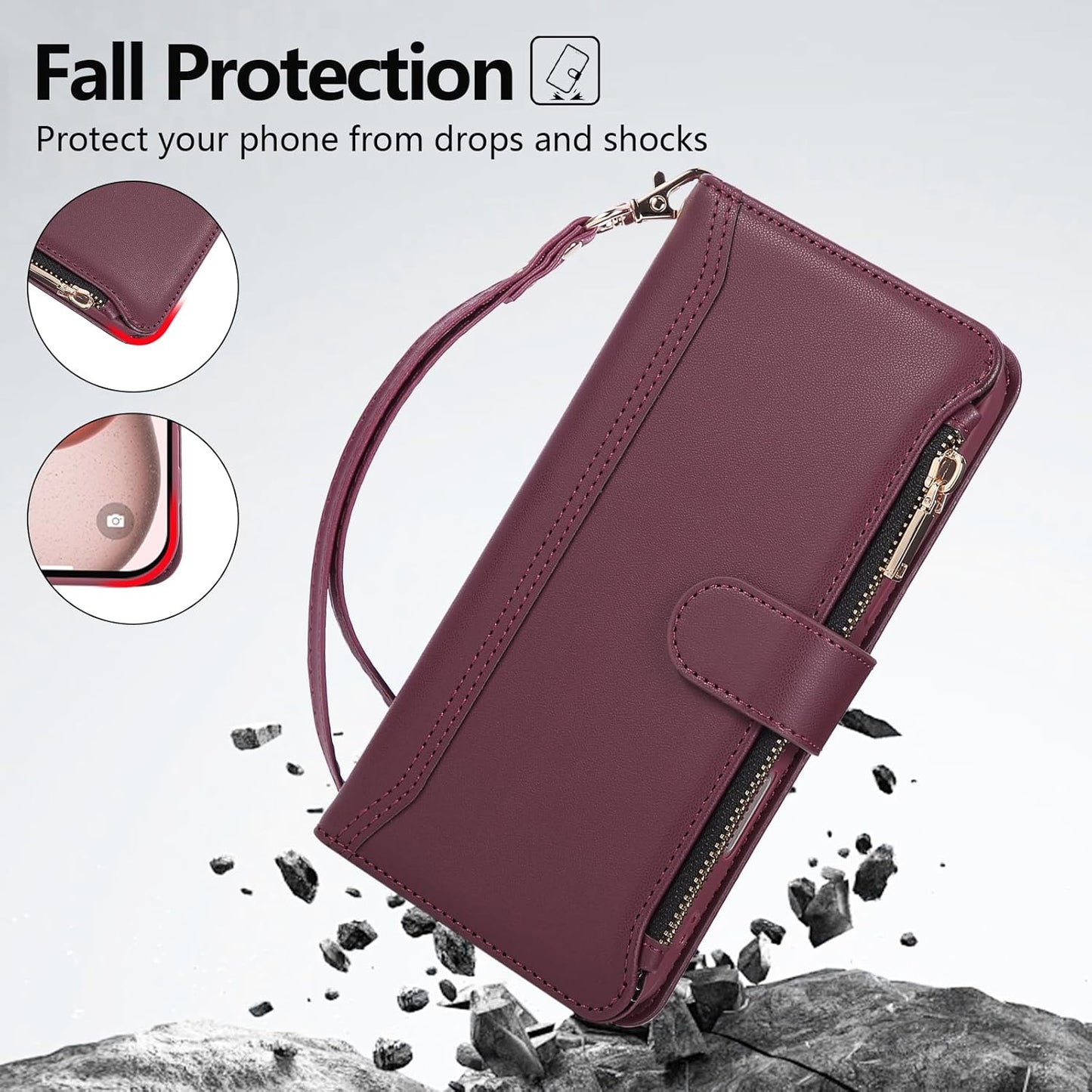 Compatible with iPhone 16 Pro Max Wallet Phone Case-PU Leather Magnetic Flip Cover with Credit Card Slots,Zipper Pocket & Detachable Wrist Strap,Shockproof Design,for Women and Men-Claret