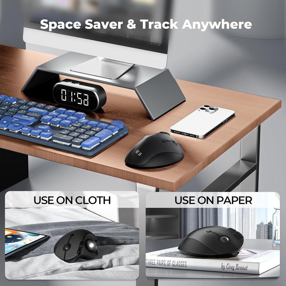 seenda Wireless Trackball Mouse Ergonomic - Bluetooth Rollerball Mouse Rechargeable, Multi Devices Connection Thumb Control Mice Compatible for Mac/Android/Windows Computers - Black
