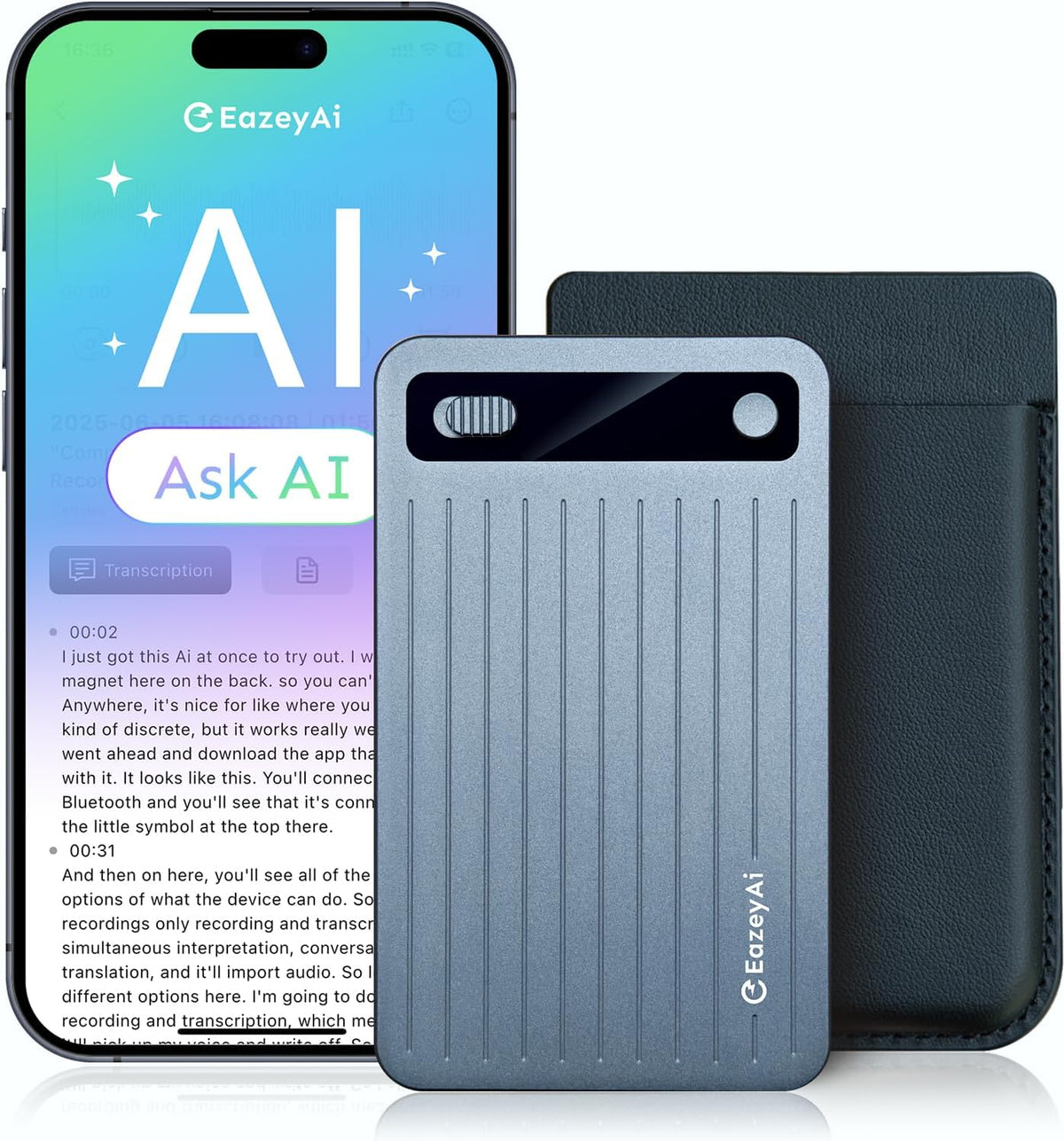 AI Voice Recorder, Transcribe & Summarize with AI Technology, Note Voice Recorder with App Control, Support 140 Languages, 64GB Memory, Audio Recorder for Lectures, Meetings, Calls(Blue)