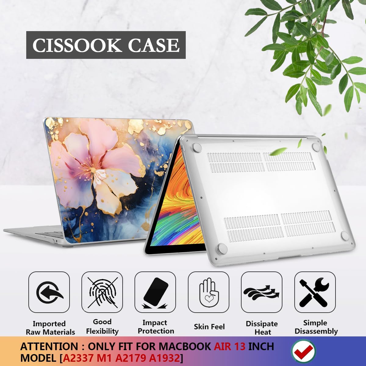 CISSOOK Compatible with MacBook Air 13 inch Case M1 A2337 A2179 A1932 2021 2020-2018, Plastic Hard Shell Case & Keyboard Cover & Screen Film for MacBook Air 13-inch with Touch ID, Marble Flower