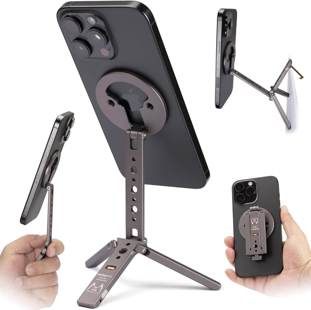 Magnetic Tripod for iPhone 12/13/14/15/16 & MagSafe Cases | Handy Phone Stand | 20 N52 Magnets Inside, Cold Shoe Mount, 1/4" Screw & Foldable Hook