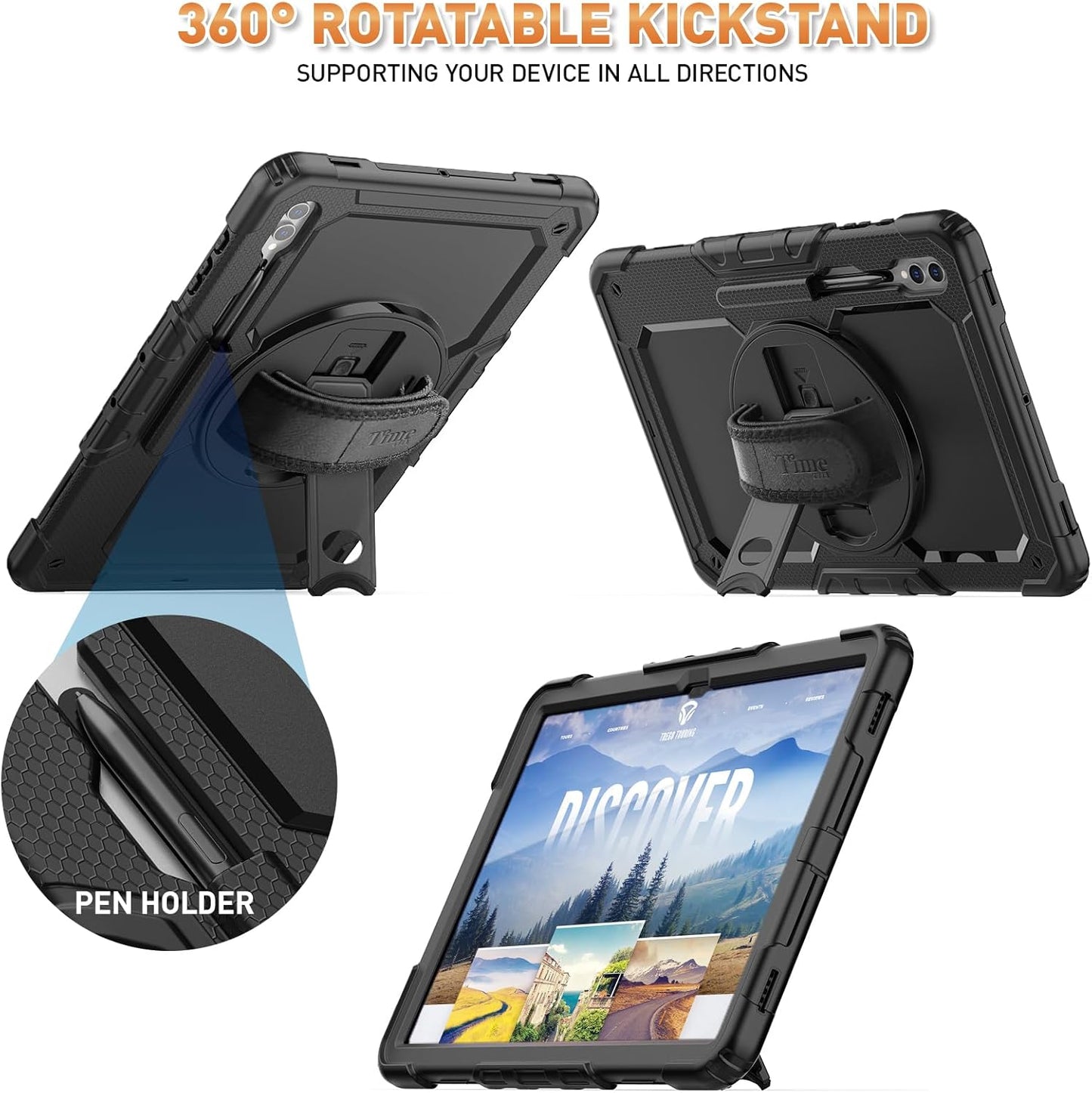 Timecity Case for Samsung Galaxy Tab S10 Ultra/ S9 Ultra/ S8 Ultra Tablet Case 14.6''- Heavy Duty Protective Cover with Screen Protector, Stand, Shoulder Strap & S Pen Holder | Kids-Friendly, Black
