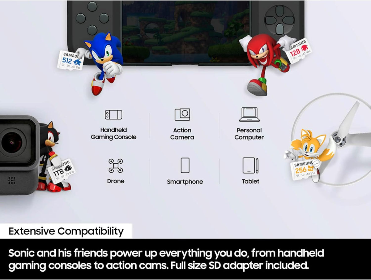 Samsung PRO Plus Sonic The Hedgehog + Adapter, 128GB microSDXC, Up-to 180MB/s, Full HD & 4K UHD, UHS-I, C10, U3, V30, A2, for Nintendo-Switch, Steam Deck, GoPRO, DJI Drone, Tablets (MB-MD128SA/LC1)