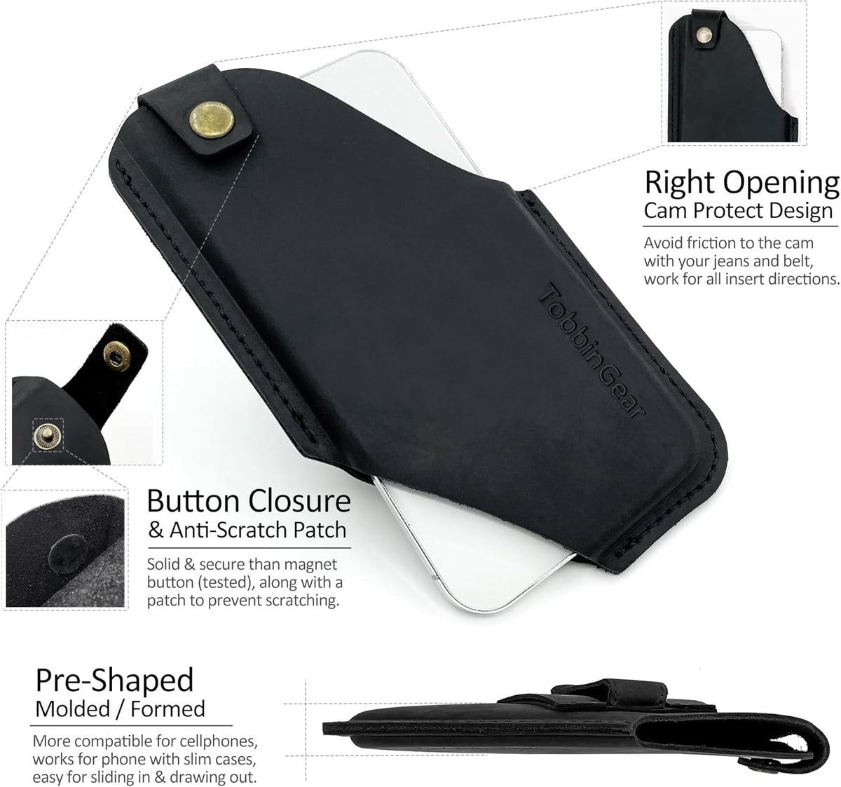 TobbinGear Left-Handed Leather Cell Phone Holster with Belt Clip, Universal Phone Holster for Men Belt Holder, Leather Case for iPhone, Samsung Galaxy Phones, Black Color