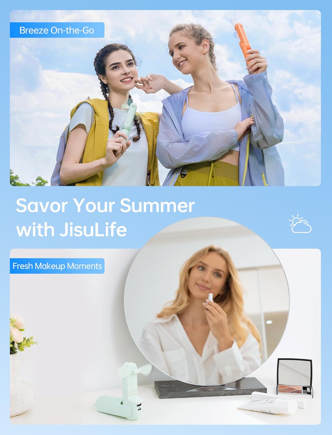 JISULIFE Handheld Mini Fan, 3 IN 1 USB Rechargeable Portable Fan [12-19 Working Hours] with Power Bank, Flashlight, Pocket Design for Travel/Summer/Concerts/Lash, Gifts for Women(Green)