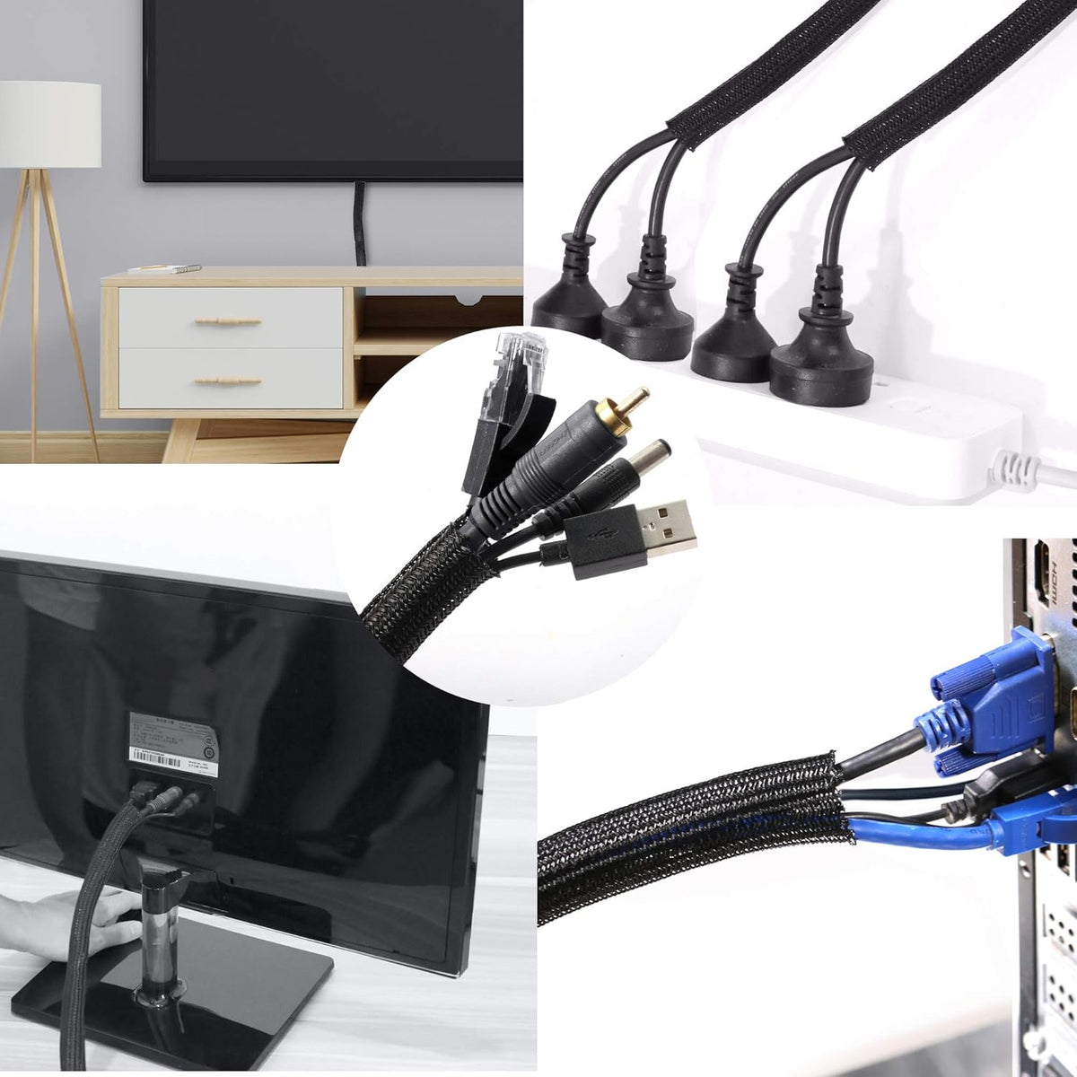 CrocSee 10ft - 1 inch Braided Cable Management Sleeve Cord Protector - Self-Wrapping Split Wire Loom for TV/Computer/Home Theater/Engine Bay - Black