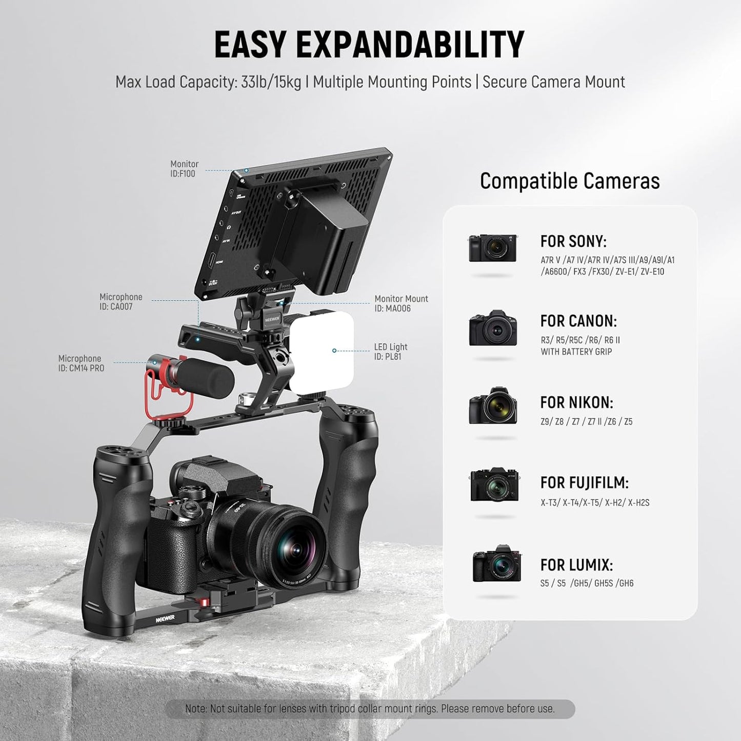 NEEWER Video Camera Cage Rig with Arca Type Quick Release Plate, Double Handles, 3/8" ARRI 1/4" Threads, Cold Shoes, Universal Camera Stabilizer, Compatible with SmallRig NEEWER Base Plate, CA077