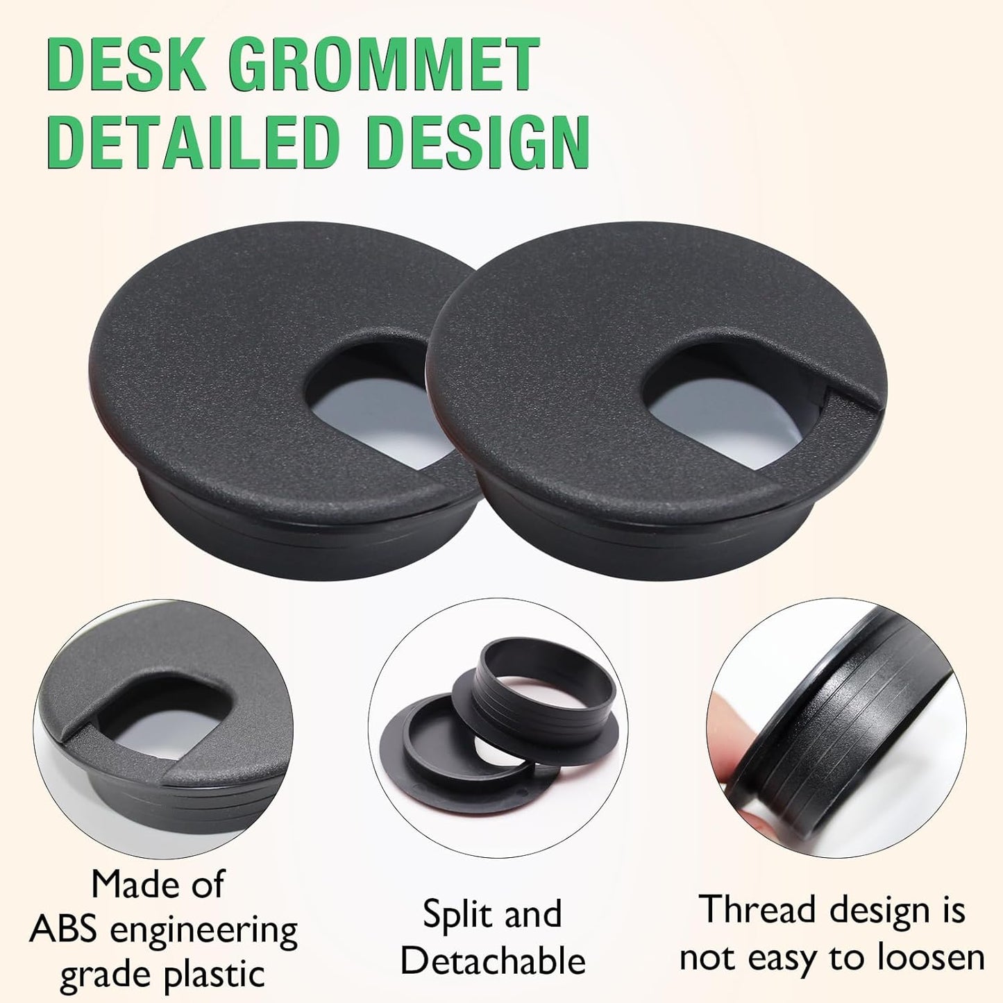 2 Pcs Desk Grommet 2" / 50 mm, Desk Cord Hole Cover, Cable Grommet ABS Plastic, Desk Hole Grommet for Home & Office Pc, Detachable Cable Cord Organizer-White