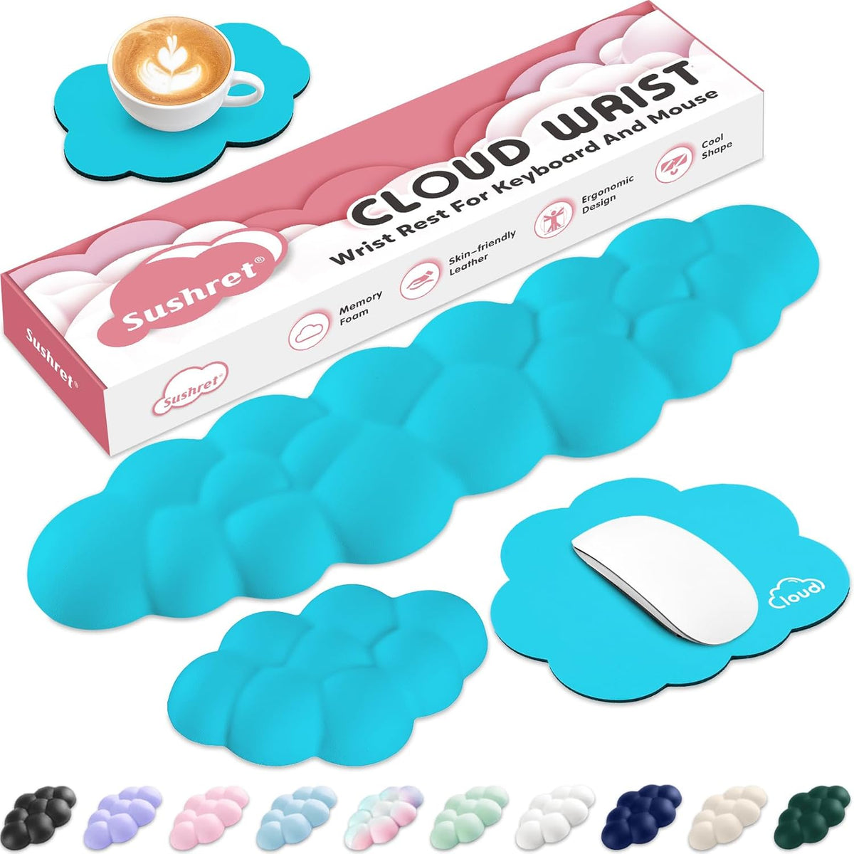 Cloud Wrist Rest for Computer Keyboard, 4-in-1 Memory Foam Leather Cloud Keyboard Wrist Rest and Mouse Pad Set with Ergonomic Support for Arm and Palm Cushion, Gaming/Work Setup, Scuba Blue