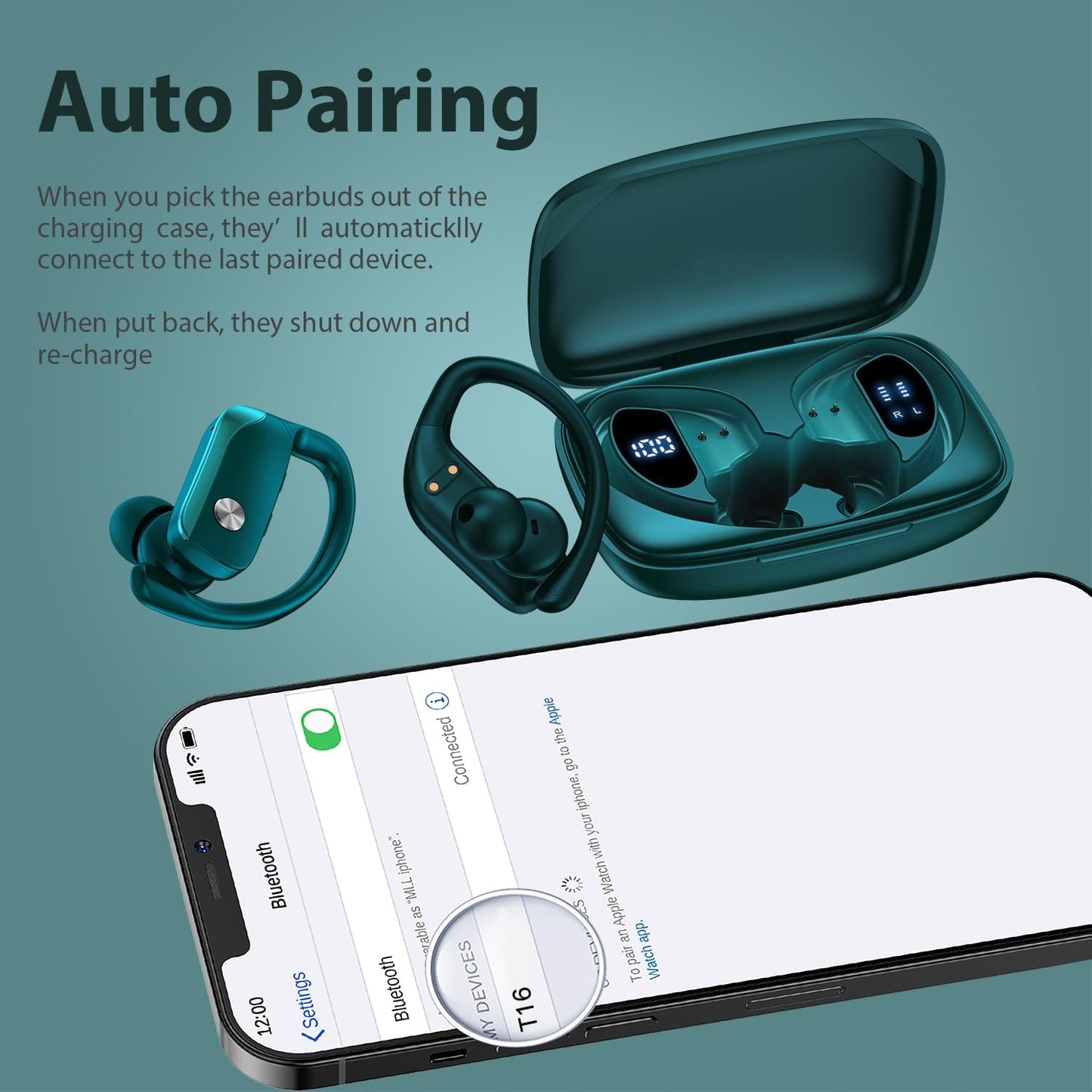 bmanl Wireless Earbuds Bluetooth Headphones 48hrs Play Back Sport Earphones with LED Display Over-Ear Buds with Earhooks Built-in Mic Headset for Workout Green
