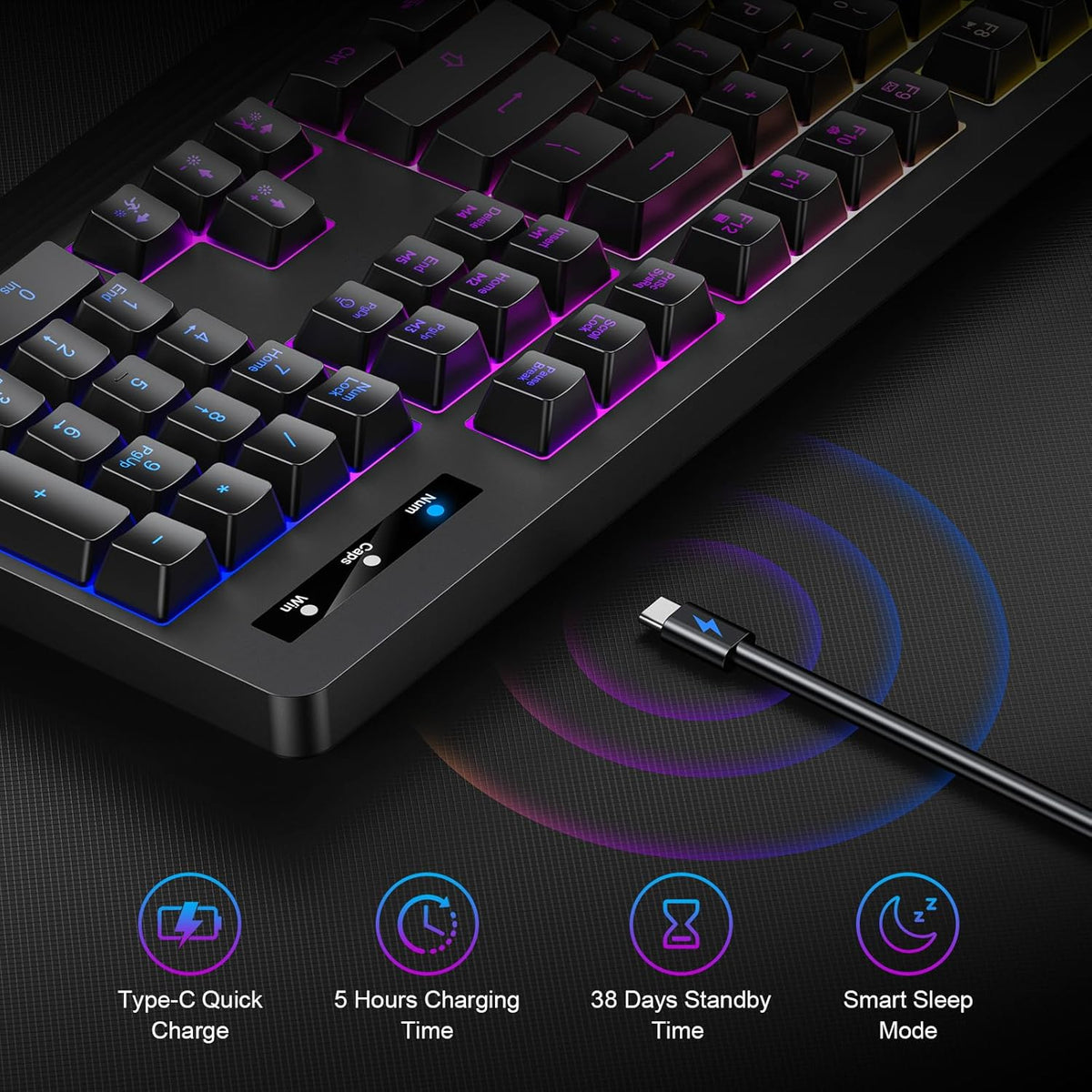 Wireless Gaming Keyboard, RGB & Single-Color Backlit, Full-Size Waterproof Computer Keyboard, Silent Keys, Wrist Rest, Sleep Mode, Rechargeable 2.4G Wireless Keyboardfor Windows, Mac, PC, Laptop