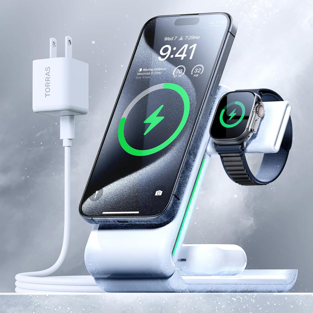 TORRAS 3 in 1 Charging Station with MagSafe Charger Stand, Cooling 15W Max Fast Charging, Foldable Wireless Charger for iPhone 15/14/13/12, Apple Watch S1-8/Ultra, AirPods(30W USB-C Charger Included)