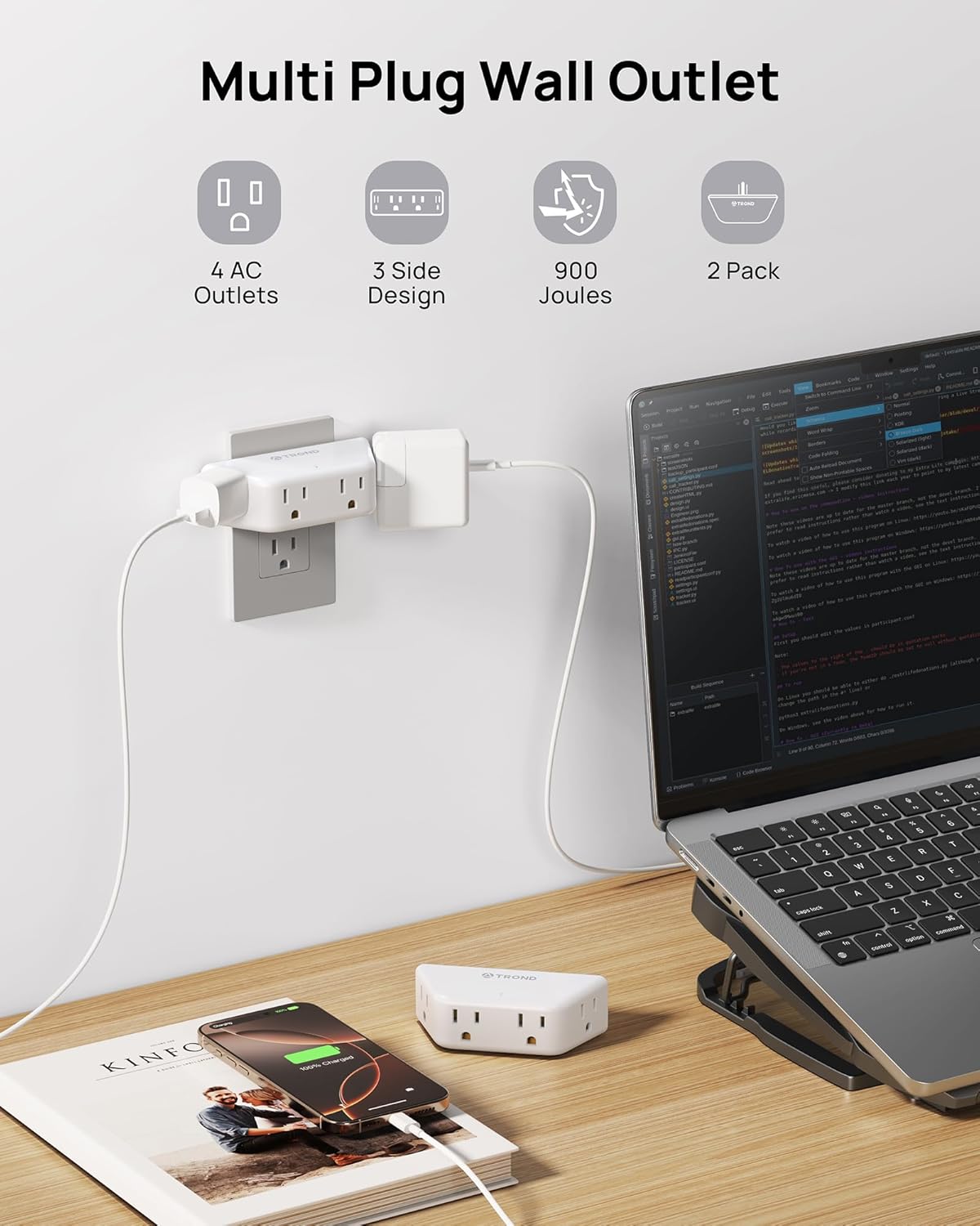 TROND Multi Plug Outlet Extender 2 Pack - Surge Protector Outlet with 4 Grounded Sockets, 3 Way Angled Plug Splitter, 900J, Multiple Wall Adapter for Home Office Travel Dorm Room, White