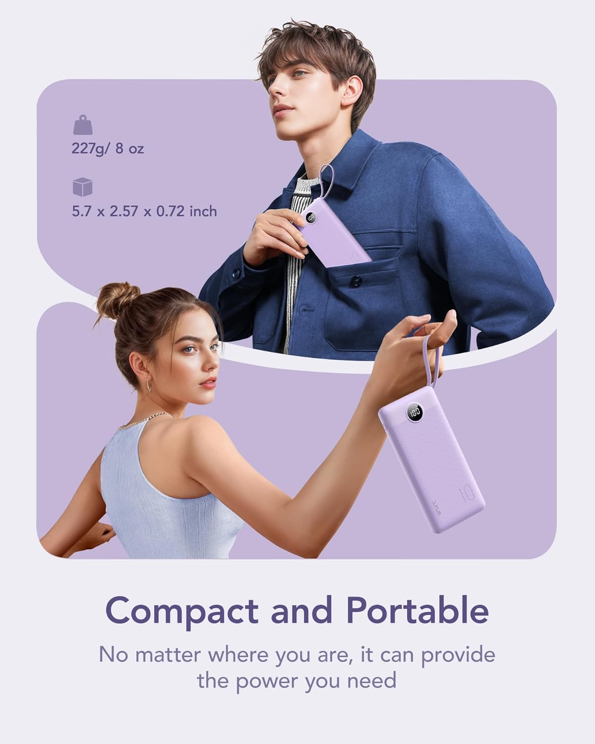 VRURC Portable Charger Power Bank, 10000mAh Travel Essentials Battery Pack, 5 Outputs 2 Inputs Slim Charging Bank Built-in Cables Cords Wires Compatible with iPhone,Samsung,Android-Lavender(1 Pack)