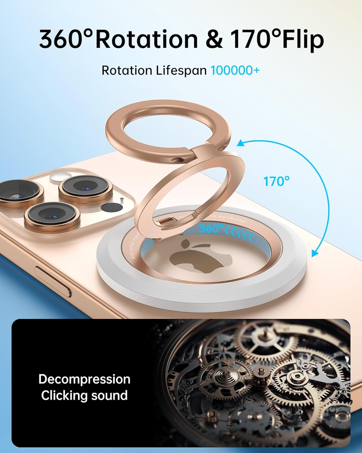 SYNCWIRE Magnetic Phone Ring Holder for MagSafe, 360° Rotation Dual Sided Magnet Grip Cell Phone Ring Stand Finger Kickstand Compatible with iPhone 16 15 14 13 12 Pro Max fits MagSafe - Pearl Gold