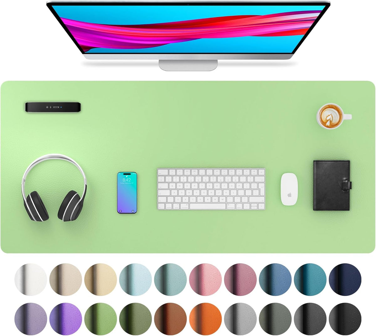 Aothia Leather Desk Pad Protector, Mouse Pad, Office Desk Mat, Non-Slip PU Leather Desk Blotter, Laptop Desk Pad, Waterproof Desk Writing Pad for Office and Home (36" x 17", Foam Green)
